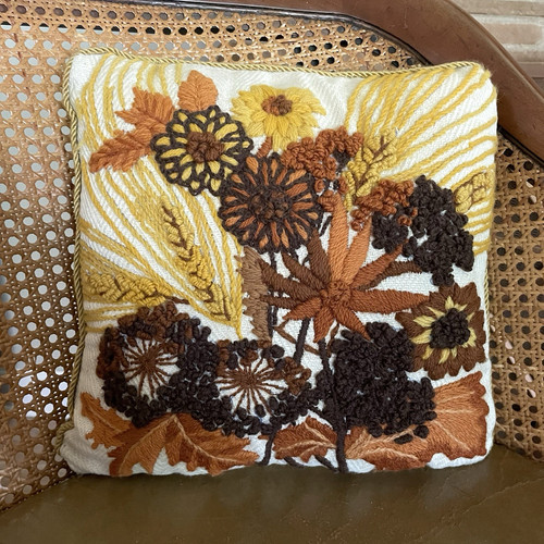 Crewel work pillow gold - pillow, brown